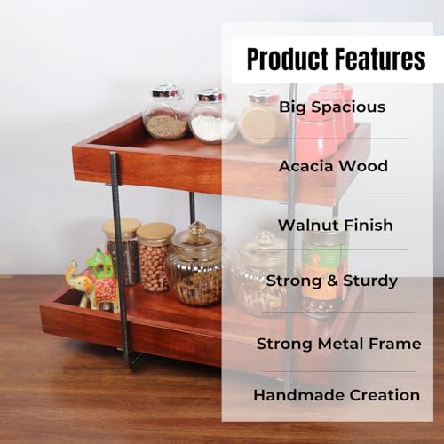 Image of Premium Woodpecker Wooden kitchen rack| Shelf with 2 Spacious Compartments, Easy Kitchen Grocery Organiser, Organizer, Kitchen Spice Racks and Storage, Antique Black & Brown.