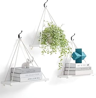 Titanape Hanging Shelf White with Rope, Wall Shelf, Wooden Plant Stand, Set of 3, Macrame Hanging Shelf, Children's Room, Boho Decoration, Floating Wall Shelf for Bedroom, Kitchen, Living Room