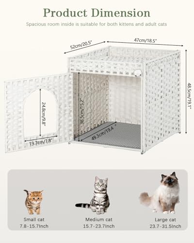 Image of SETVSON Cat Litter Box Enclosure Furniture, Hidden PE Rattan, White | PE Rattan Kitty House with Top Fence, Fits Standard Litter Box, Included Litter Mat, 2 S-Hooks, Sturdy Metal Frame