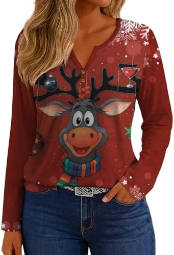 IWOLLENCE Womens Long Sleeve Aztec Western T Shirts Vintage Geometry Graphic Henley Tops Casual Button Down Blouse