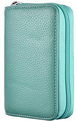 Easyoulife Genuine Leather Credit Card Holder Zipper Wallet With 26 Card Slots (Teal)