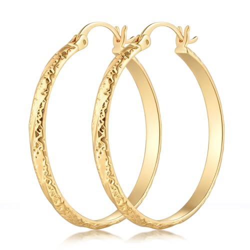 Fureylenx Gold Earrings for Women 14K Gold Hoop Earrings for Women Gold Hoops Earring for Womens Hoop Pointed Engraved Texture Hoops Earring for Womens 30mm