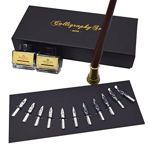 Aivn Calligraphy Set - 17 Pieces. Includes Calligraphy Pens, 2 Bottle Inks, 12 Nibs, Pen Holder And Introduction Booklet For Beginners #TOP3