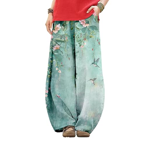 HOTYD Wide Leg Lantern Pants for Women Boho Floral Printed Low Rise Casual Pants Elastic Waist Baggy Trousers with Pockets