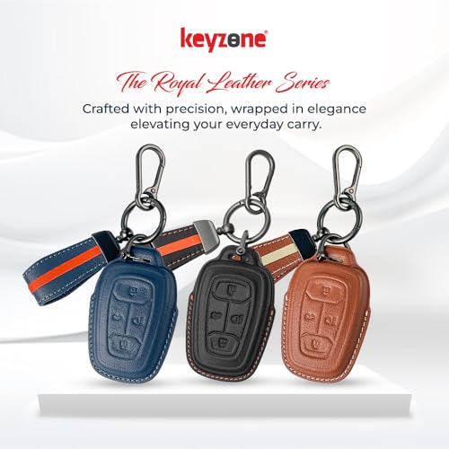 Image of Keyzone Royal Leather Key Cover for Tata Nexon, Harrier, Safari, Altroz, Punch, Tigor 4 Button smart Key (Black)