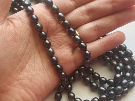 Miniatura 2 de Perlas naturales de 1 hebra – Perlas verdes moradas de pavo real, perlas naturales de arroz de agua dulce, perlas naturales, collar de perlas, 0.295