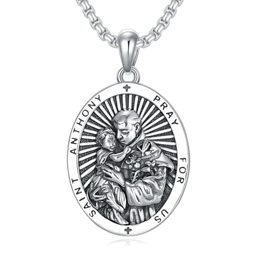 Swordgod St Anthony Necklace for Men Women 925 Sterling Silver Parton Necklace Saint Anthony Medal Catholic Religious Amulet Protection Jewelry Valentine’s Day Birthday Gifts for Father Brother Boyfriend