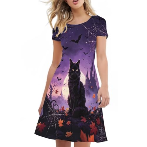 Image of HUGS IDEA Womens Puffy Swing Midi Dress Round Neck Short Sleeve Party A-Line Dresses