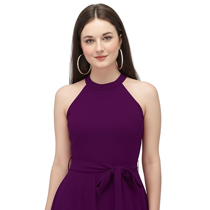 Image of Women Fit & Flare High Low Midi Dress | Sleeveless Round Neck One Piece Dress with Waist Tie Detail | Flowy Western Dress for Party and Casual Styling