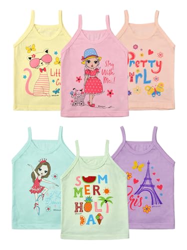 Image of BODYCARE Kids Girl's Printed Assorted Dori Regular Fit Vest 100% Cotton Vest | Skin Friendly | Lightweight | Sleeveless Design | Multicolor | Pack of 6 (Color & Print May Vary)