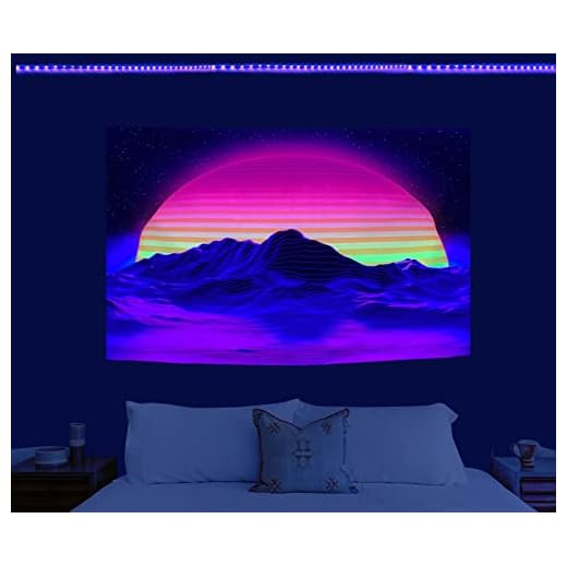 Sunset Blacklight Tapestry for Bedroom Living Room Decor, Wave Tapastry's Wall Hanging UV Reactive Blue Starry Sky Neon Tapestries Black Light Posters Glow in The Dark Party Backdrop, 80" x 60"
