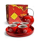 Fiesta Chinese Tea Gift Set Iron Handle Teapot Tumbler Cups Tray Porcelain for Ceremony Wedding Party Home (Bone china)