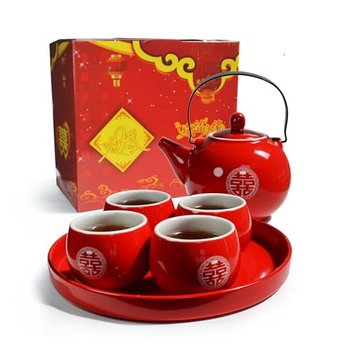 Fiesta Chinese Tea Gift Set Iron Handle Teapot Tumbler Cups Tray Porcelain for Ceremony Wedding Party Home (Bone china)