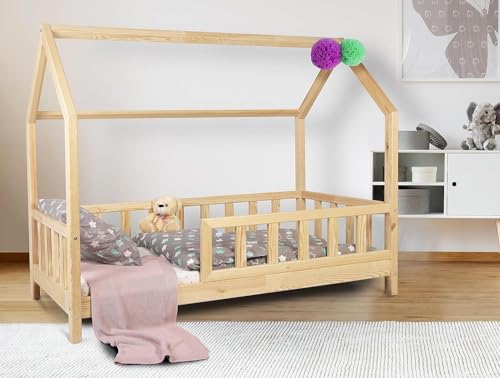 Alije Kinderbett Bett Hausbett Julia mit Rausfallschutz Lattenrost Bettgestell aus Kiefer Holz für Haus Kinder Jungen & Mädchen - Holzbett Baby Kinderzimmer (Naturholz, 140x200)