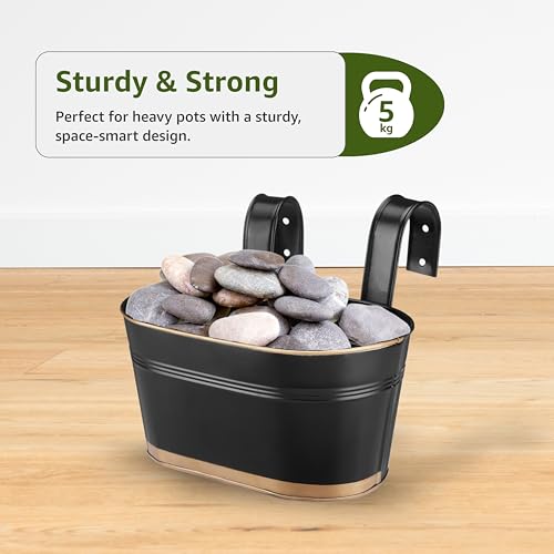Image of Amazon Brand - Solimo Hanging Metal Planters (Set of 6, Black) - Oval Pots for Balcony, 15 x 25 x 13 cm, Terrace & Indoor Railings, Holds up to 5 kg