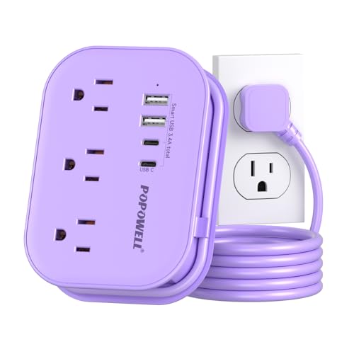 Image of Purple Extension Cord-, 5 FT Kawaii Travel Power Strip, 1250W Cute Extension Cord with 3 AC Outlet 4 USB Desktop Charging Station, Purple Desk Accessories for Cruise Essentials, Travel, Home, Dorm.
