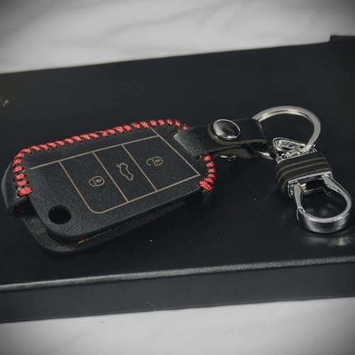 Image of Leather Car Key Cover with Key Chain for Skoda Superb, Octavia, Volkswagen Jetta, Passat, Tiguan (Black)