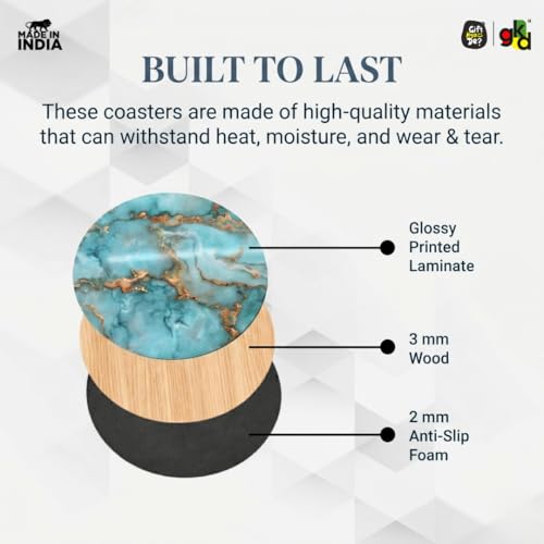Image of GKD Wooden Marble Coasters Set of 6 | Glossy MDF Drink Coasters for Tea, Coffee, Wine Glass | Heat Resistant Table Coaster Set | Home, Dining, Office Use | Made in India