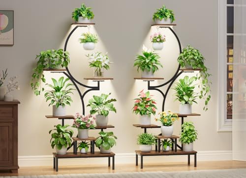 Image of Plant Stand Indoor with Grow Lights - 7-Tier Indoor Plant Shelf with Elevated Base & Hanging Hook, 63 inch Corner Plants Stands for Multiple Plant Sizes, Multi-Tiered Lighted Rack for Living Room, Black