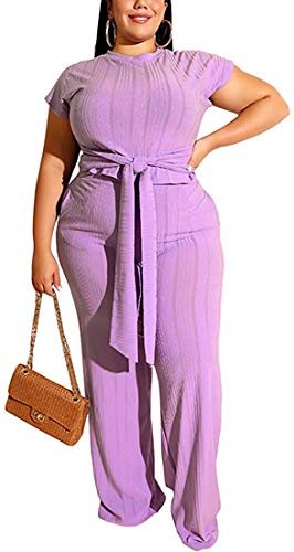 Aro Lora Women's Plus Size 2 Piece Jumpsuit Knit Short Sleeve Crop Top Wide Leg Pant Set Outfit X-Large Light Purple