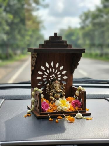 Image of Handcrafted Wooden Car Dashboard Temple, Walnut Finish, Laser-Cut Om Floral Design, MDF Mandir for Car Interior (Open Side Temple)