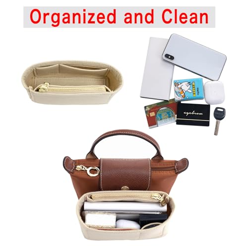Image of Mini Purse Organizer Insert for Longchamp Le Pliage Mini Bags Felt Inner Bag Liner with Zipper Pocket, Lightweight Storage for Handbags, Blue