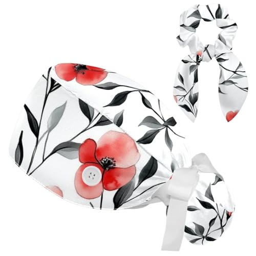 Image of Red Blooming Rose Flowers Black Working Cap with Scrunchy and Ribbon Tie for Women, Long Hair