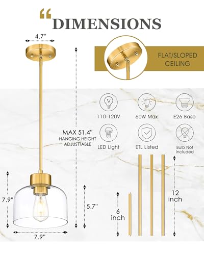 Image of 2-Pack 8 inch Brushed Gold Pendant Lights Kitchen Island, Clear Glass