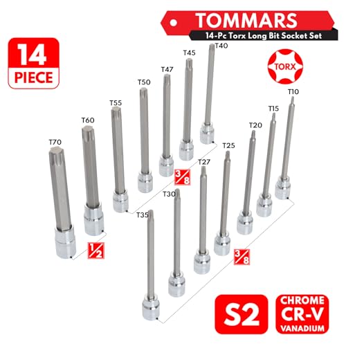 Image of TOMMARS 14-PC Long Torx Bit Socket Set | T10, T15, T20, T25, T27, T30, T35, T40, T45, T47, T50, T55, T60, T70, 3 /8 inch, 1 /2 inch Drive, S2 Alloy Steel
