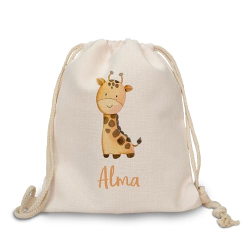 Mochila Saco Infantil Personalizada con Nombre | Animales de la Selva 4 Diseños - León, Jirafa, Elefante, Cocodrilo - Bolso de Gimnasio, Safari, Mochila de Cuerdas, Regalo único, SarAgu