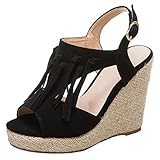 Absatzhöhe:11cm ReiaRinz Damen Stylish Sommer Stiefel Sandalen Keilabsatz Franse Sandalen Höhe Ferse Plateau Schuhe Schnalle Tassle Party Sandalen Black Große 35 Asiatisch