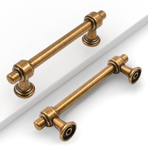 Image of 10 Pack 3.75 inch(96mm) Antique Brass Cabinet Pulls Kitchen Cabinet Handles Vintage Cabinet Hardware Drawer Pulls for Bathroom Cupboard CK0081