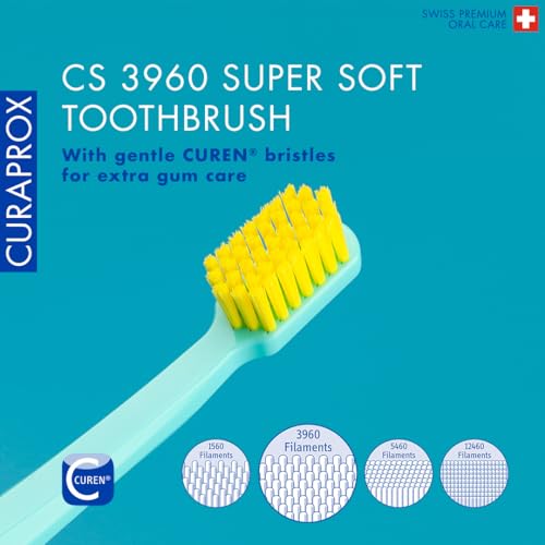 Curaprox CS 3960 Super Soft Toothbrush– Adult Gum and Tooth Care | Super Soft Curen® Filaments for Gentle Cleaning | Assorted Colours, Single Pack | Made in Switzerland