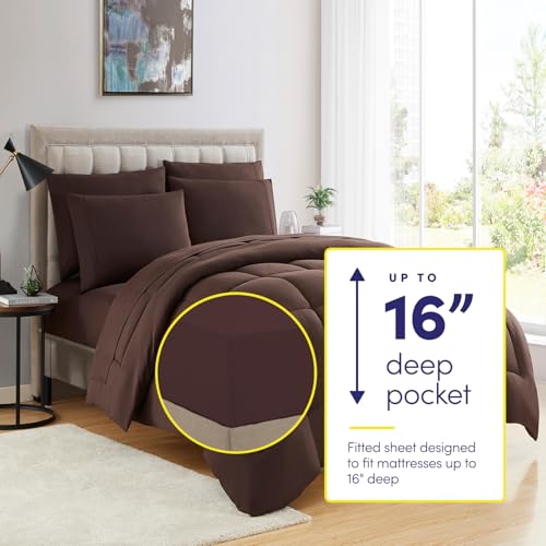 Sweet Home Collection 5 Piece Comforter Set Bag Solid Color All Season Soft Down Alternative Blanket & Luxurious Microfiber Bed Sheets, Brown, Twin XL