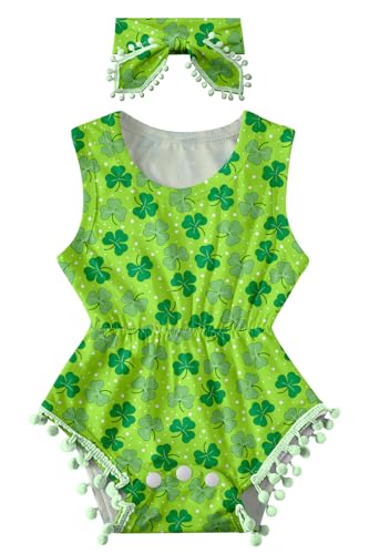 Image of UNICOMIDEA Baby Girls St. Patrick Day Romper Newborn Outfit Clover and Dot Jumpsuits Sleeveless One-Piece Clothes 0-3 Months Bodysuit with Headband