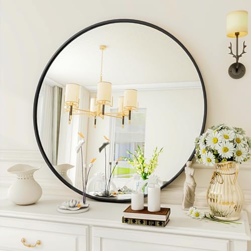 Image of VooBang Black Round Mirror, 23 inch Circle Mirror, Round Wall Mirror with Simple Metal Frame, Modern Round Mirror Hanging for Bathroom, Bedroom, Entryway Wall Decoration