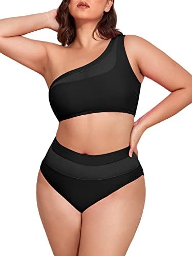 Two Piece One Shoulder Swimsuit for Women Plus Size High Waisted Bikini Set Tummy Control Mesh Bathing Suit Tankini Swimwear Black