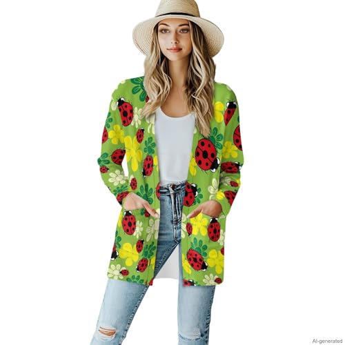 Image of Forchrinse Red Ladybug Cardigan for Women Causal Long Sleeve Open Front Cardigans Sweater Fashion 2024 Fall Coat with Pockets