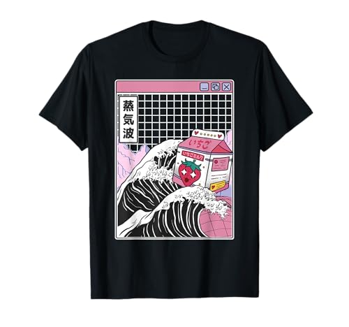 Latte Fragola Kanagawa Wave Digital Kawaii Anime Vaporwave Maglietta