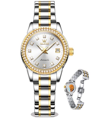 Image of OLEVS Women's Automatic Watch Luxury Mechanical Stainless Steel Two Tone Waterproof Self Winding Dress Small Ladies with Date Diamond Elegant Casual Business Wristwatch Gold /Blue /Black /White