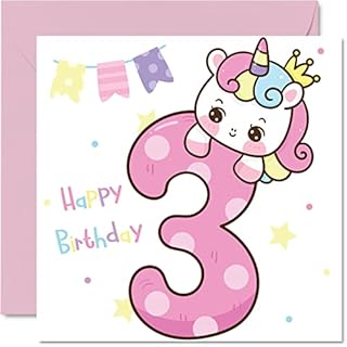 3rd Birthday Card Girl - Magical Unicorn Birthday Card - Happy Birthday Card 3 Year Old Girl, Girls Birthday Cards for Her, 145mm x 145mm Greeting Card for Daughter Niece Granddaughter Kid Children