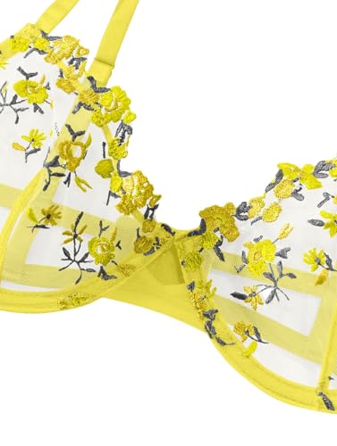 Image of Lilosy Sexy Floral Embroidered Mesh Sheer Underwire Lingerie Set