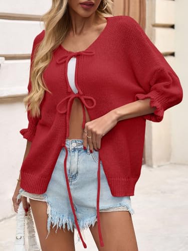 Image of Saodimallsu Womens Tie Front Bow Cardigan Sweaters Lightweight Knit Ruffle Half Sleeve 2025 Trendy Jacket