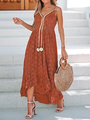 Image of CUPSHE Womens Lace Summer Maxi Dresses 2026 Beach Wear | V Neck Spaghetti Straps Sundress, Tassel, Boho Pom Poms, Flowy Vacation Outfits, Resort Wear, Graduation Wedding Guest Looks