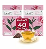 Tvoy Rose Green Tea Bags, 40 Pyramid Tea Bags, Biodegradable Premium Rose Flavor Teabags, 100% Whole Leaf Green Tea bags, Rose Petal Tea, Individually Wrapped, Caffeine Free Pyramid Tea Bags