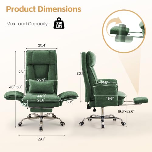 Image of Big and Tall Office Chair, Flip Armrest & Footrest for Pets, Navy Green | Executive Ergonomic Criss Cross Chair, Reclining High Back Desk Chair, Leather Swivel Computer Chair with Lumber Pillow
