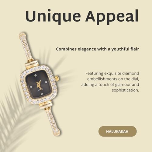 Image of Halukakah Kids' Sparkling Diamond Watch - 18k Real Gold /Rose Gold /Platinum Plated - Multiple Colors Rectangle Dial - Quartz Adjustable Stainless Steel Wristwatch - Suitable for Boys and Girls