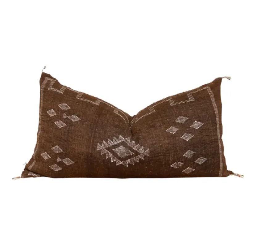 Moroccan Cactus Silk Lumbar Pillow Cover, Handwoven Berber Decorative Cushion, 35x20 Inches, for Bed (Brown)