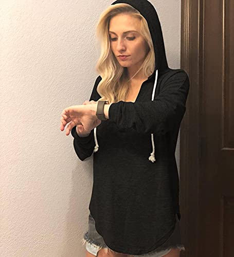 Image of Womens Long Sleeve V Neck Hoodie Sweatshirts Lightweight Pullover Tops