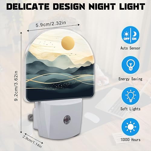 Image of Golden Sun and Mountains Night Light for Kids,Watercolor Sunrise Sunset Mountain Plug in Night Light with Dusk to Dawn Sensor, 0.5w Energy Saving Nightlight for Hallway Stairway Kitchen Bedroom